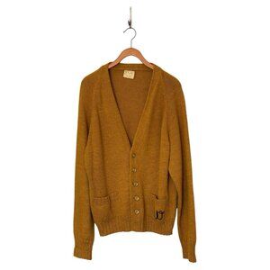 Vintage 60’s Gold Mustard Hand Knit Cardigan Sweater Men’s Size M USA Monogram W